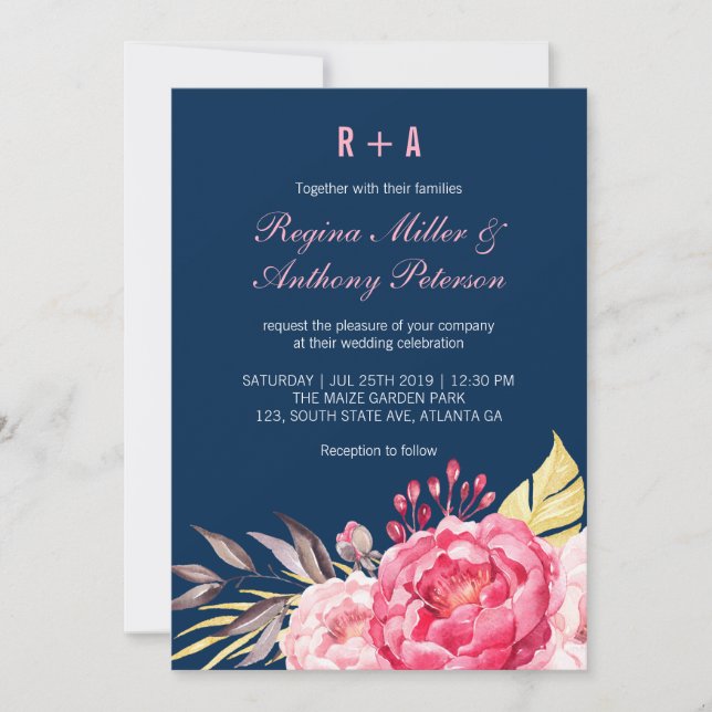 Invitación de casamiento de jardín de flores azule (Anverso)