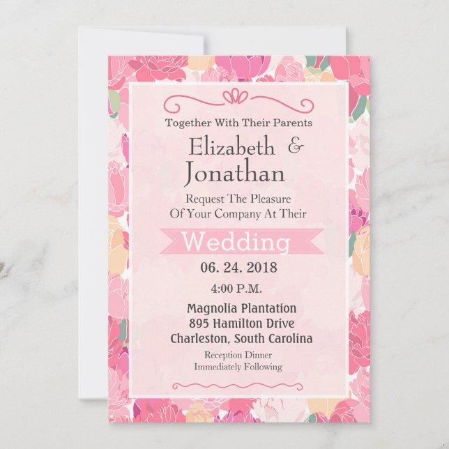 Invitación de casamiento de marco de flor rosa (Anverso)