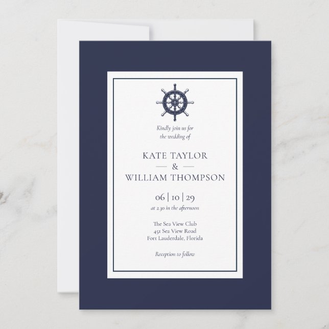 Invitación de casamiento de naves náuticas azul de (Anverso)