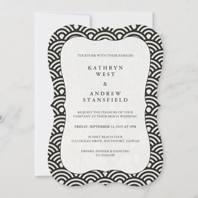 Invitación de casamiento de patrón blanco + negro  (Anverso)