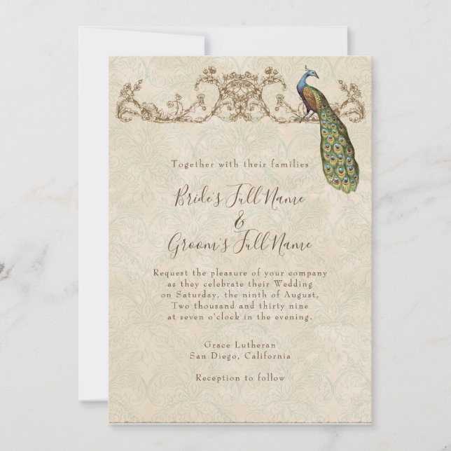 Invitación de casamiento de pavo real y eclosión (Anverso)