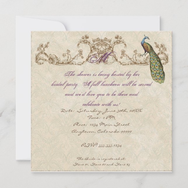 Invitación de casamiento de pavo real y eclosión (Anverso)