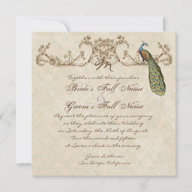Invitación de casamiento de pavo real y eclosión (Anverso)