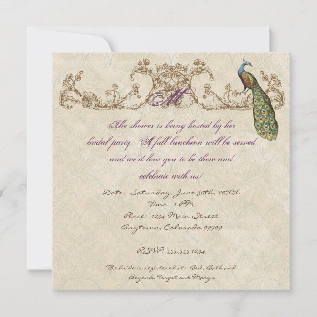Invitación de casamiento de pavo real y eclosión (Anverso)
