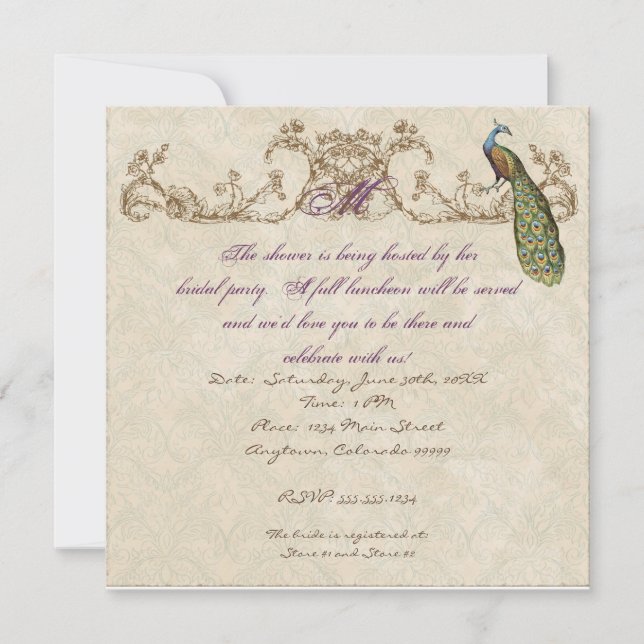 Invitación de casamiento de pavo real y eclosión (Anverso)