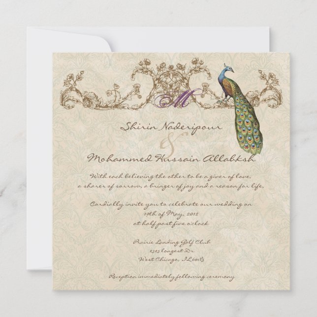 Invitación de casamiento de pavo real y eclosión (Anverso)