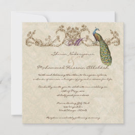 Invitación de casamiento de pavo real y eclosión