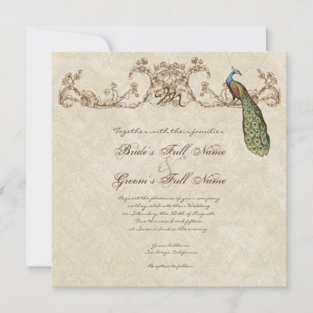 Invitación de casamiento de pavo real y eclosión (Anverso)