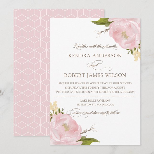 Invitación de casamiento de peones rosados Rubor d (Anverso / Reverso)