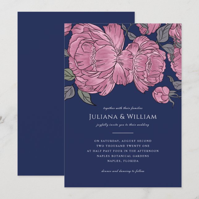 Invitación de casamiento de peones vintage en azul (Anverso / Reverso)