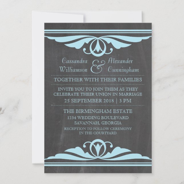 Invitación de casamiento de pizarra de deco azul (Anverso)