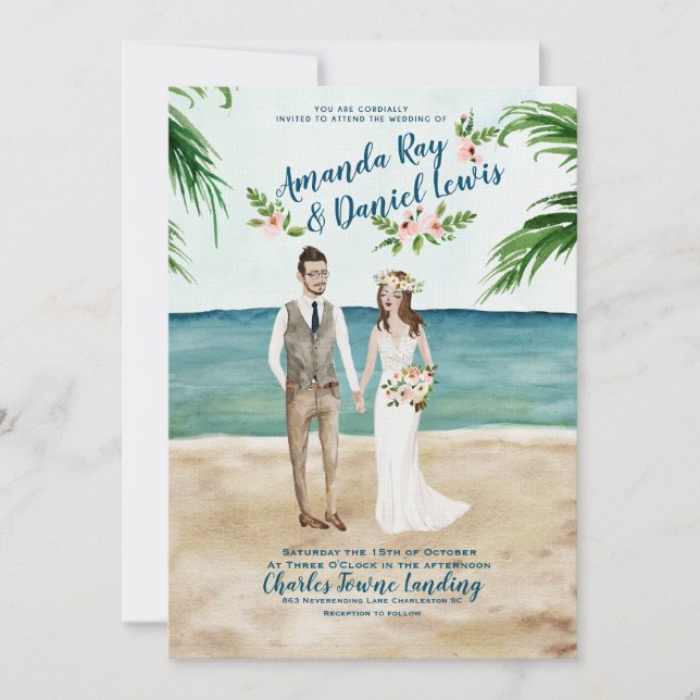 Invitación de casamiento de playa iluminada por ac (Anverso)