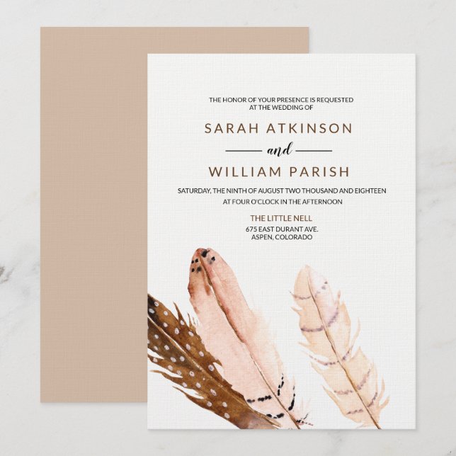 Invitación de casamiento de plumas (Anverso / Reverso)