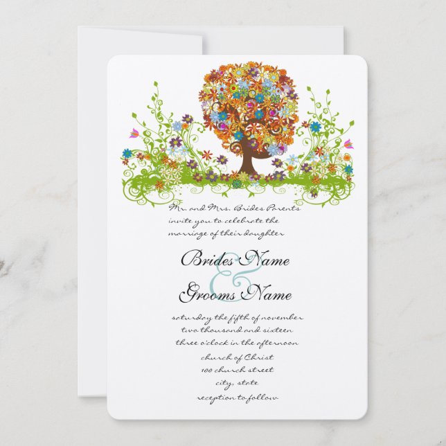 Invitación de casamiento en árbol de amor de flor  (Anverso)