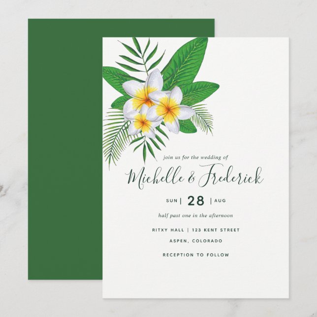 Invitación de casamiento en la playa de Frangipani (Anverso / Reverso)