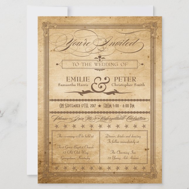 Invitación de casamiento estilo Poster Sepia Vinta (Anverso)