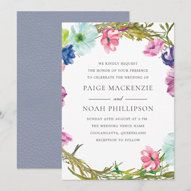 Invitación de casamiento floral de acuarela de jar (Anverso / Reverso)