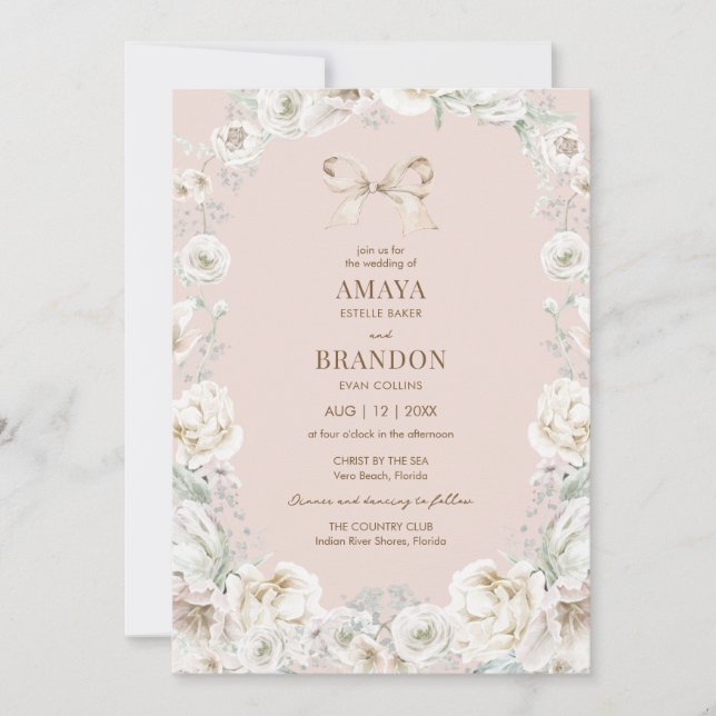 Invitación de casamiento floral de coqueta rosada  (Anverso)