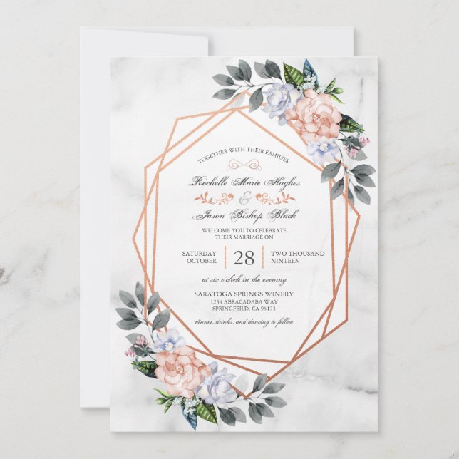 Invitación de casamiento floral de oro con Rosa ge (Anverso)