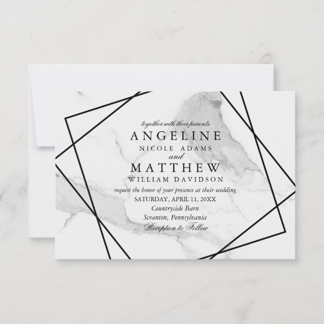 Invitación de casamiento geométrico de mármol y bl (Anverso)