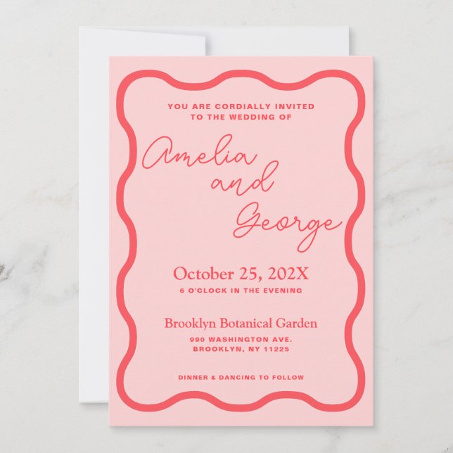 Invitación de casamiento retro con onda rosa (Anverso)