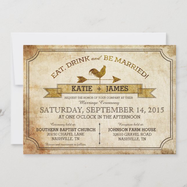 Invitación de casamiento rústico de gallos de époc (Anverso)