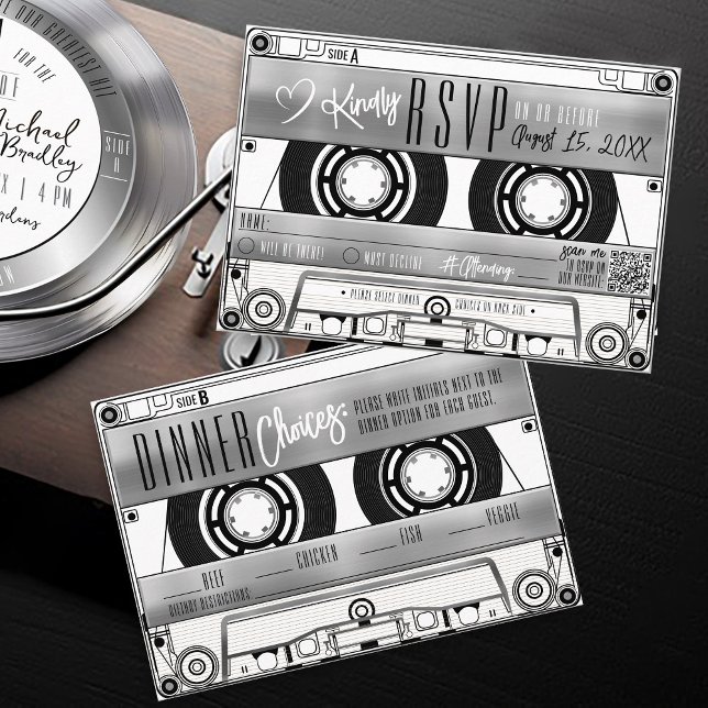 Invitación de cassette de plata retro para cassett (Retro music black & silver vinyl record album cassette tape wedding invitation RSVP dinner choices)