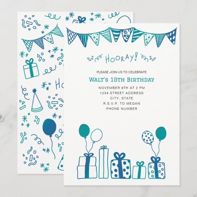 Invitación de Celebración Azul y Turquesa (Anverso / Reverso)