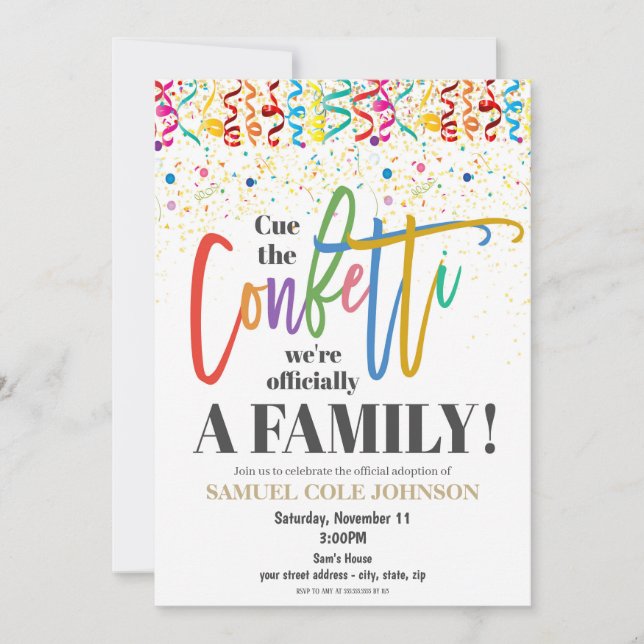 Invitación de Celebración de Adopción con Confeti (Anverso)