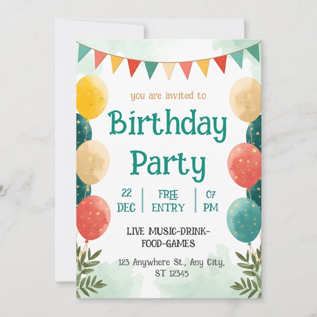 Invitación de Celebración de Cumpleaños con Acuare (Anverso)