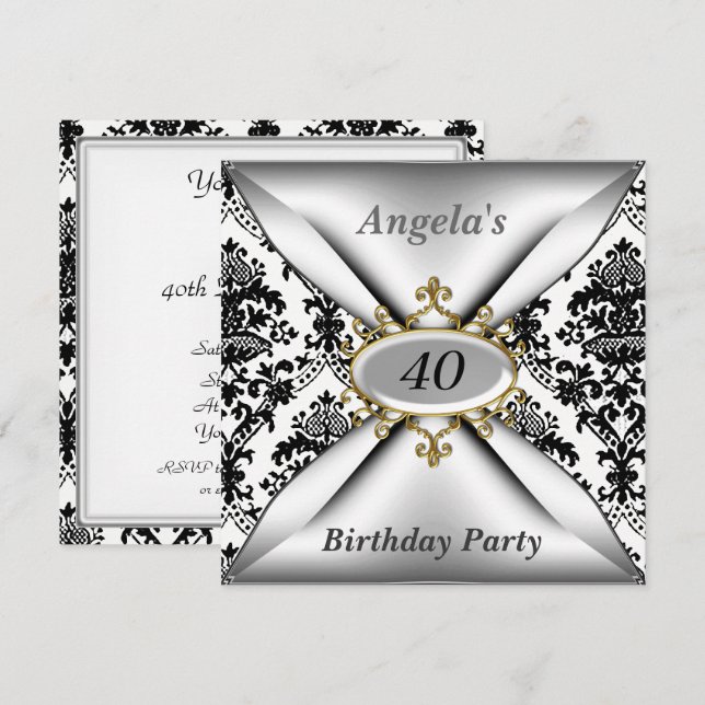Invitación de Celebración de Cumpleaños Damask Whi (Anverso / Reverso)