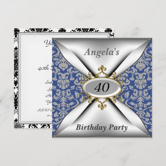 Invitación de Celebración de Cumpleaños Damask Whi (Anverso / Reverso)