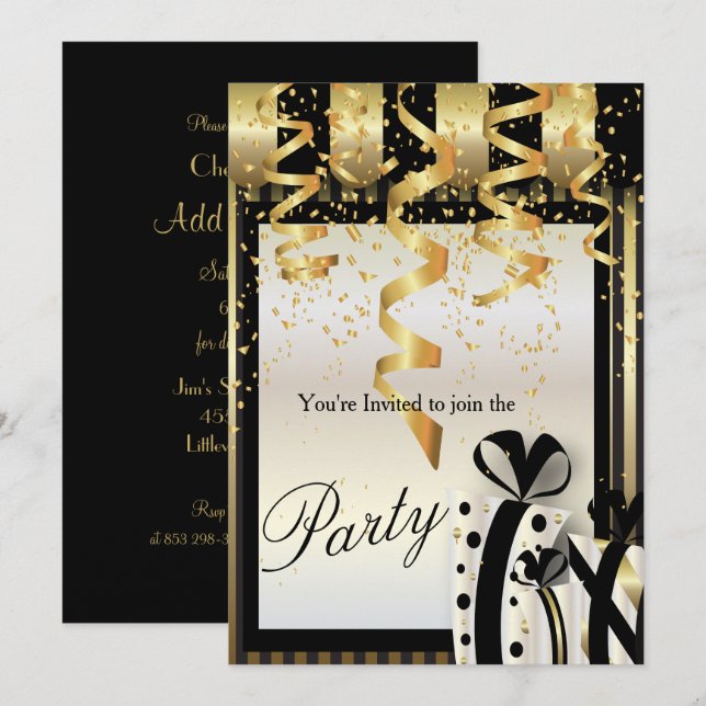 Invitación de Celebración de Fiesta en Dorado y Ne (Anverso / Reverso)