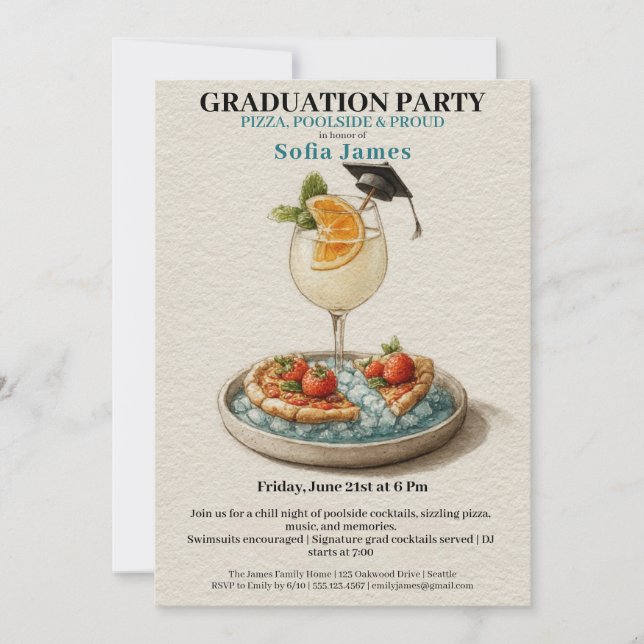 Invitación de celebración de graduación con pizza, (Anverso)