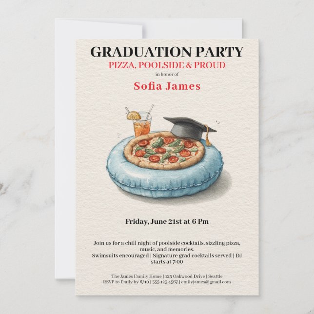 Invitación de celebración de graduación de pizza e (Anverso)
