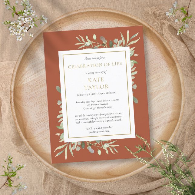 Invitación de Celebración de la Vida con Verdor de (Terracotta Greenery Celebration of Life Invitation)