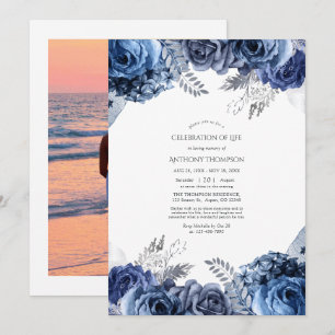 Invitación de Celebración de la Vida Floral Azul M