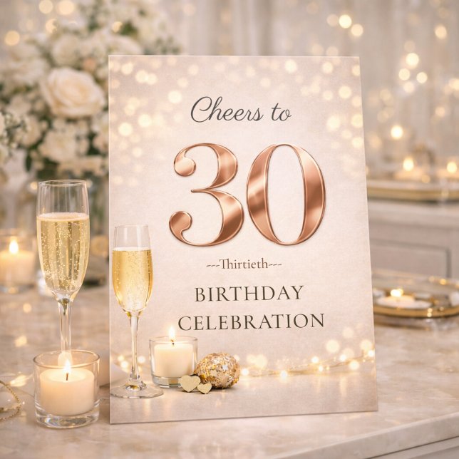 Invitación de celebración de los 30 años con luces (Champagne lights and gold shimmer set the tone for a glowing 30th birthday celebration)