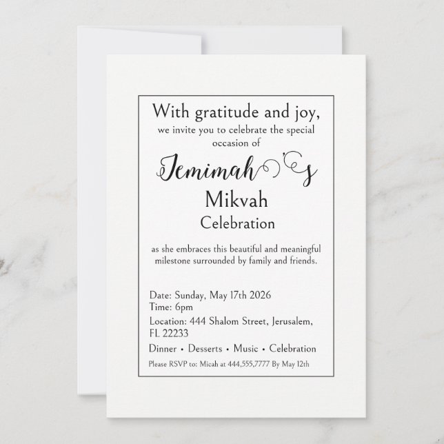 Invitación de Celebración de Mikvah, Moderno Simpl (Anverso)