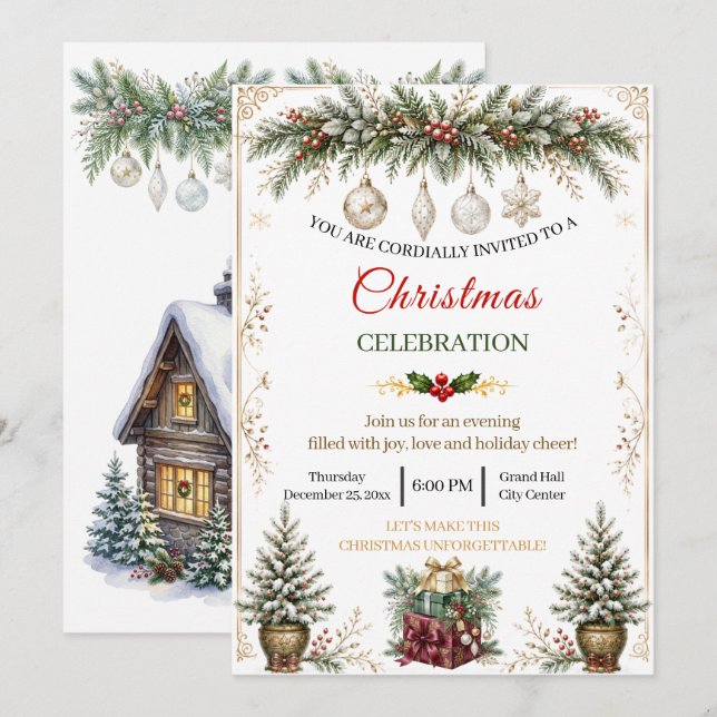 Invitación de Celebración de Navidad con Acuarela  (Anverso / Reverso)