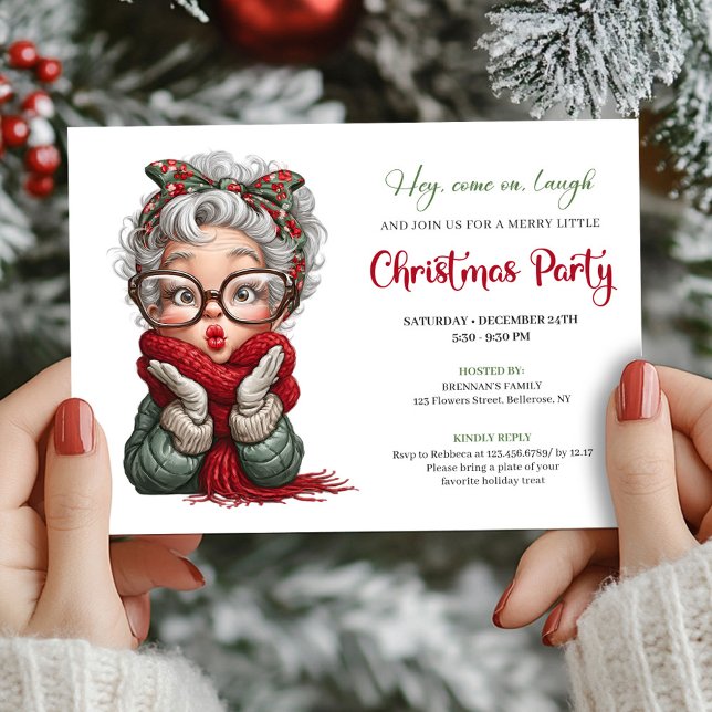 Invitación de Celebración de Navidad de Abuela Div (Playful Grandma Xmas Cartoon Celebration Invite)