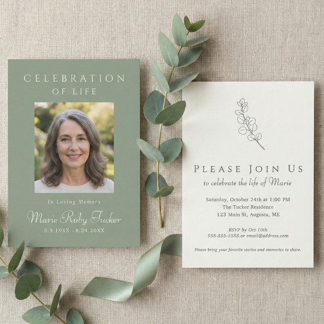 Invitación de celebración de vida con foto en verd (Sage Green Botanical Custom Photo Celebration of Life Invitation)