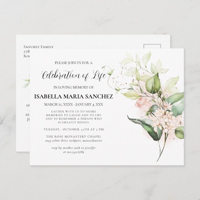 Invitación de celebración de vida floral de rosa r (Anverso / Reverso)