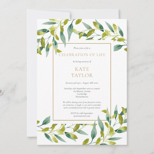 Invitación de Celebración de Vida Funeral con Verd (Anverso)