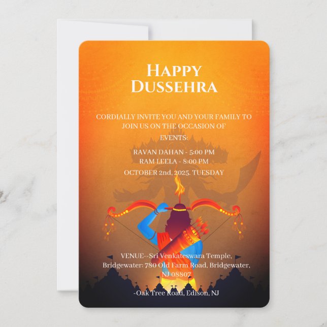 Invitación de Celebración Feliz de Dussehra (Anverso)