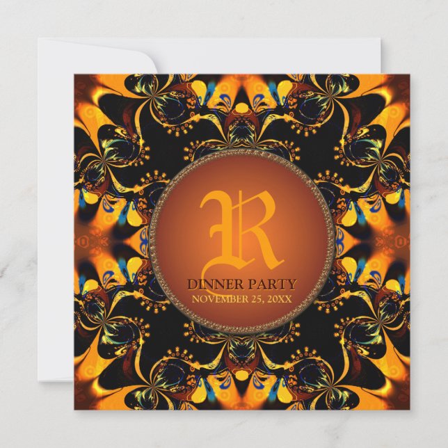 Invitación de Cena con Monograma de Batik Tribal (Anverso)