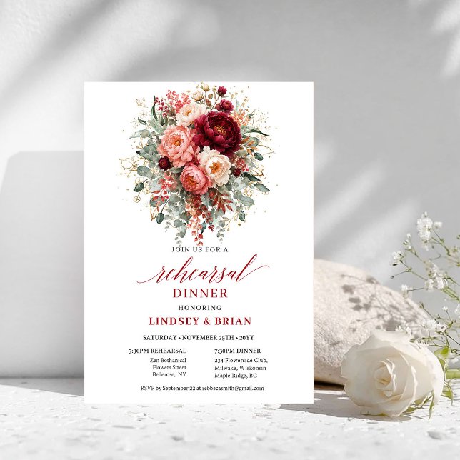 Invitación de cena de ensayo boho de rojo intenso  (Glowing Deep Red Boho Rehearsal Dinner Invitation

)