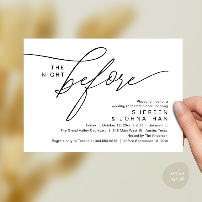 Invitación de cena de ensayo de boda con letra neg (Elegant Script Wedding Rehearsal Dinner Invitation Card in Black and White)