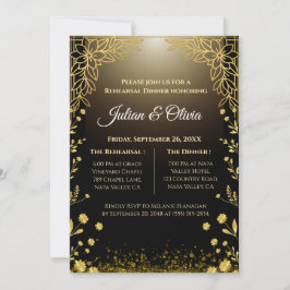 Invitación de cena de ensayo de lujo en negro y or