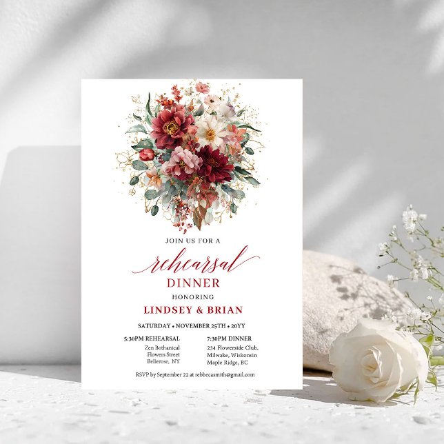 Invitación de cena de ensayo de otoño de Borgoña a (Timeless Burgundy Autumn Rehearsal Dinner Invitation

)